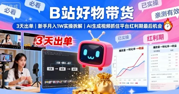 B站好物带货，3天出单，新手月入1W实操拆解，AI生成视频，抓住平台红利期最后机会-来缘阁
