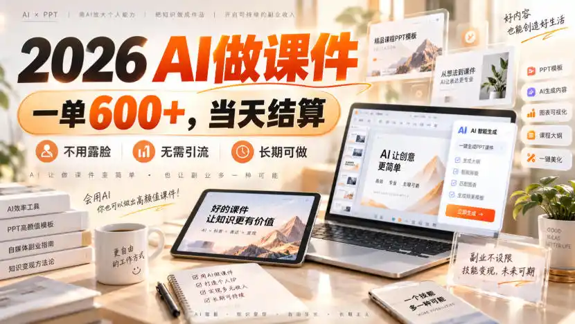 2026 AI做课件，一单600+，当天结算，不用露脸，无需引流，长期可做【揭秘】-来缘阁