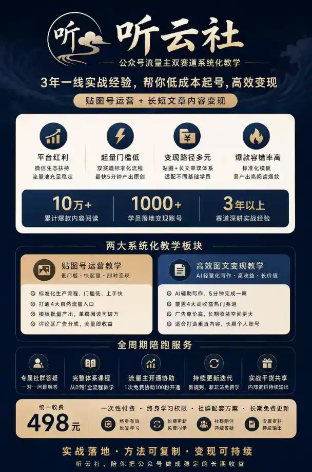听云社公众号流量主双赛道系统化教学，3年一线实战经验，帮你低成本起号，高效变现，贴图号运营+长短文章内容变现-来缘阁
