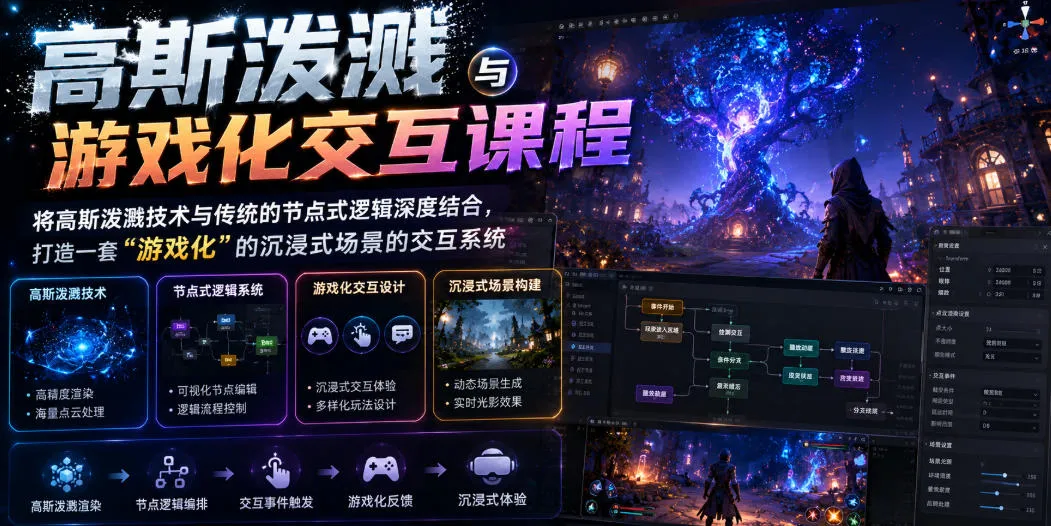 高斯泼溅与游戏化交互课程，将高斯泼溅技术与传统的节点式逻辑深度结合，打造一套“游戏化”的沉浸式场景的交互系统-来缘阁
