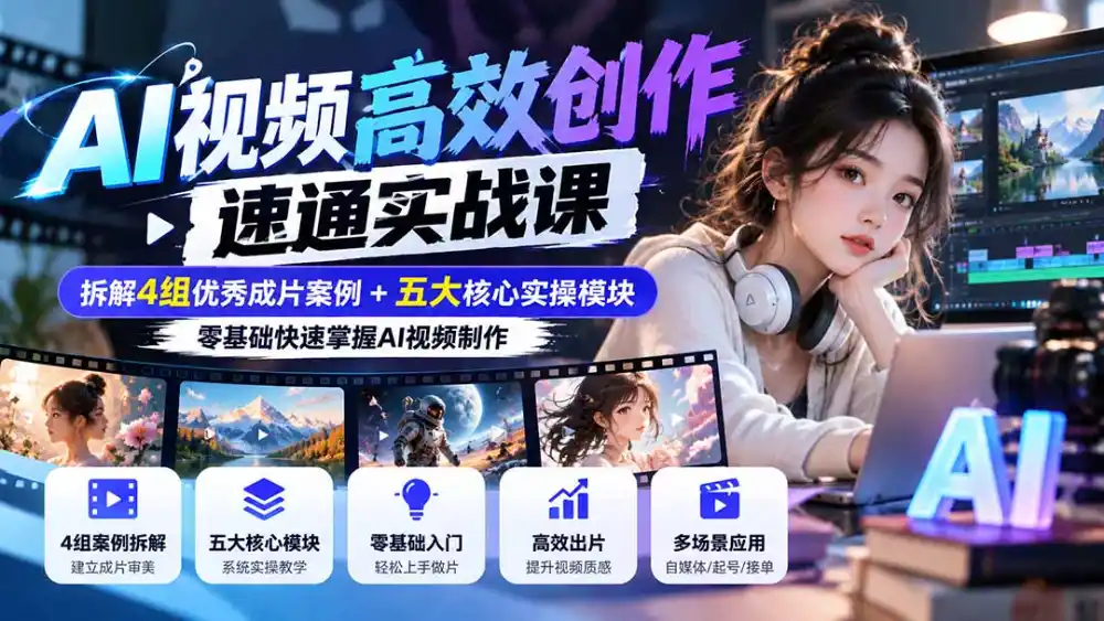 【无水印】AI视频高效创作速通实战课：拆解4组优秀成片案例+五大核心实操模块，零基础快速掌握AI视频制作-来缘阁