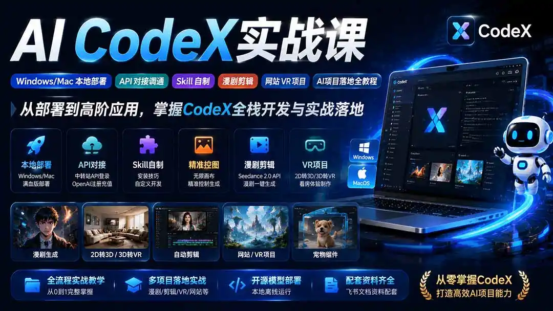 AI CodeX实战课｜Windows/Mac 本地部署｜API 对接调通｜Skill 自制｜漫剧剪辑｜网站 VR 项目｜AI项目落地全教程-来缘阁