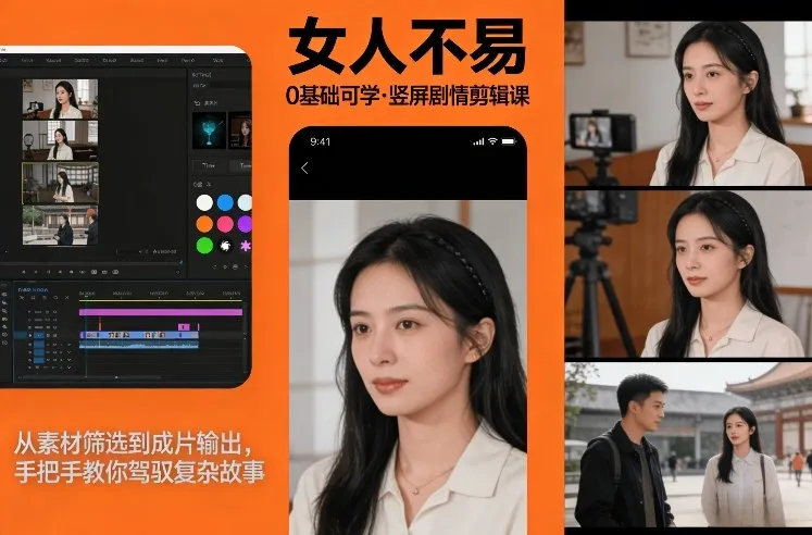 0基础可学！《女人不易》竖屏剧情剪辑课，从素材筛选到成片输出，手把手教你驾驭复杂故事-来缘阁