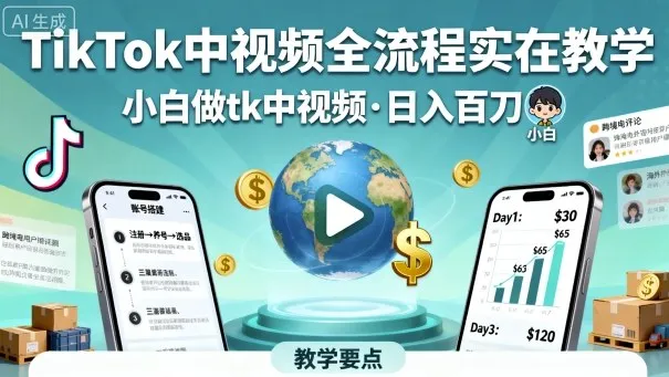 TikTok中视频全流程实操教学,小白做tk中视频,日入百刀-来缘阁