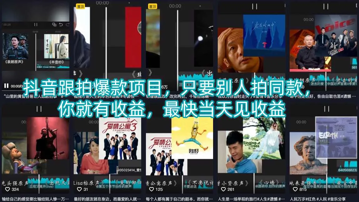 抖音跟拍爆款项目，只要别人拍同款，你就有收益，最快当天见收益-来缘阁