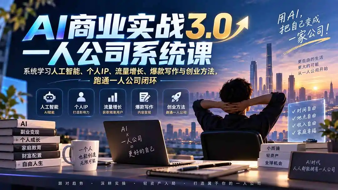 AI商业实战3.0一人公司系统课：系统学习人工智能、个人IP、流量增长、爆款写作与创业方法，跑通一人公司闭环-来缘阁