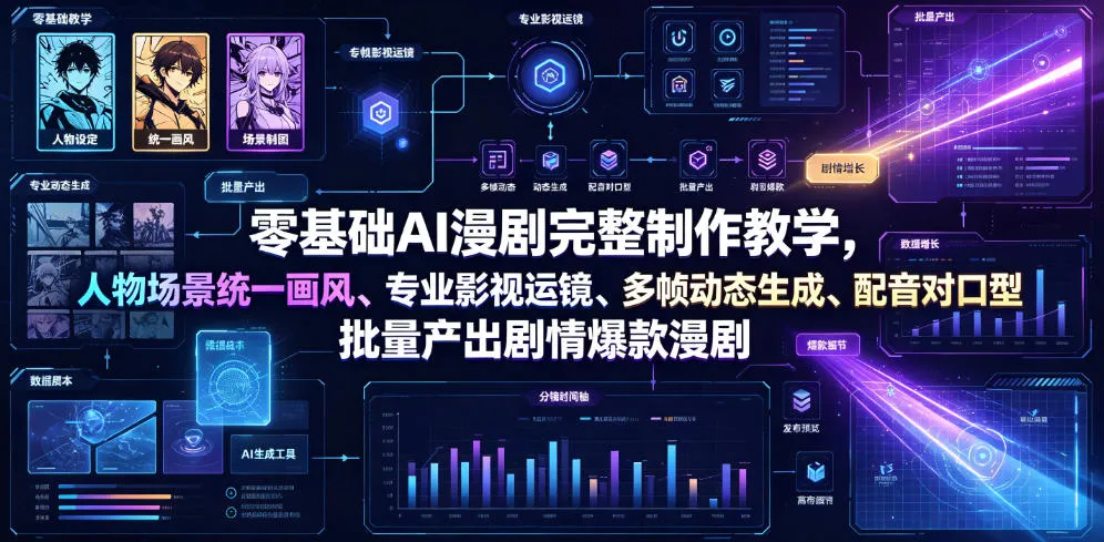 零基础AI漫剧完整制作教学，人物场景统一画风、专业影视运镜、多帧动态生成、配音对口型，批量产出剧情爆款漫剧-来缘阁