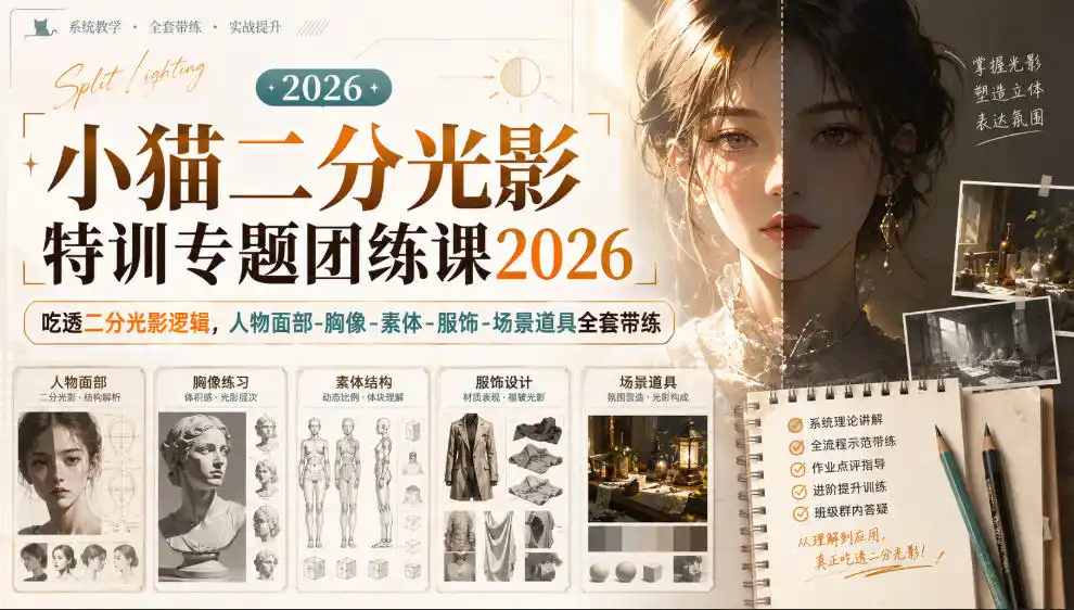 小猫二分光影特训专题团练课2026｜吃透二分光影逻辑，人物面部‑胸像‑素体‑服饰‑场景道具全套带练，高清画质附赠课件与笔刷-来缘阁