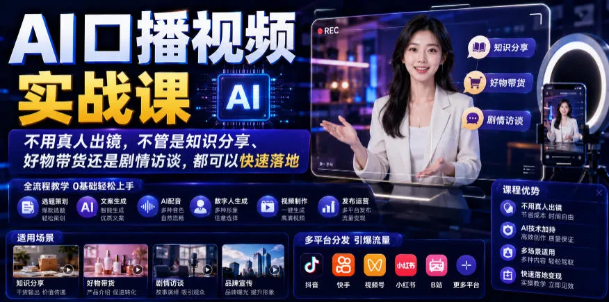 AI口播视频实战课，不用真人出镜，不管是知识分享、好物带货还是剧情访谈，都可以快速落地-来缘阁