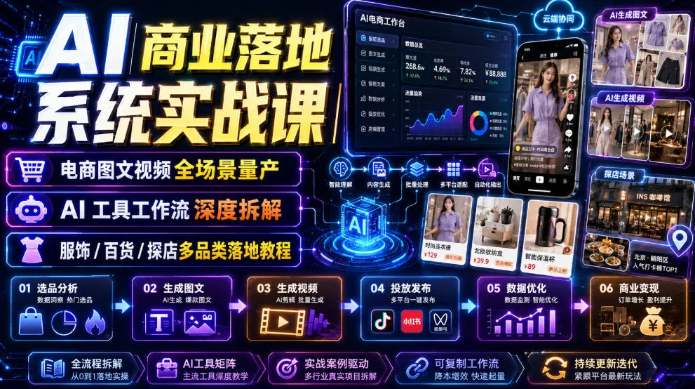 AI商业落地系统实战课|电商图文视频全场景量产・AI工具工作流深度拆解・服饰/百货/探店多品类落地教程-来缘阁