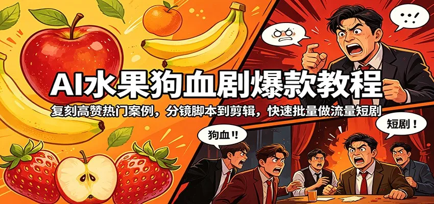 AI水果狗血剧爆款教程：复刻高赞热门案例，分镜脚本到剪辑，快速批量做流量短剧-来缘阁