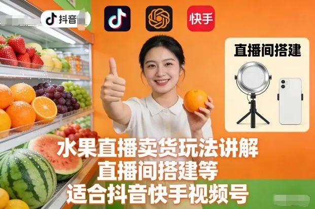 水果直播卖货玩法讲解、直播间搭建等，适合抖音快手视频号-来缘阁