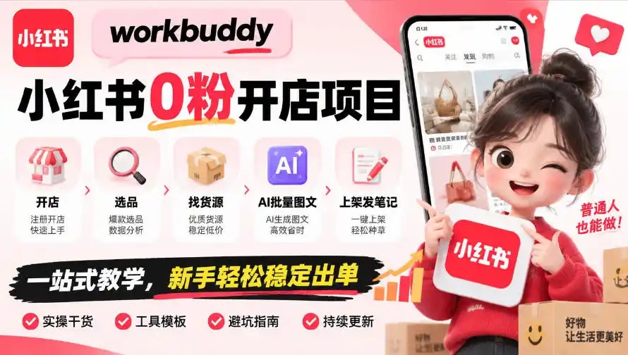 workbuddy小红书0粉开店项目,开店、选品、找货源、AI批量图文、上架发笔记一站式教学,新手轻松稳定出单-来缘阁