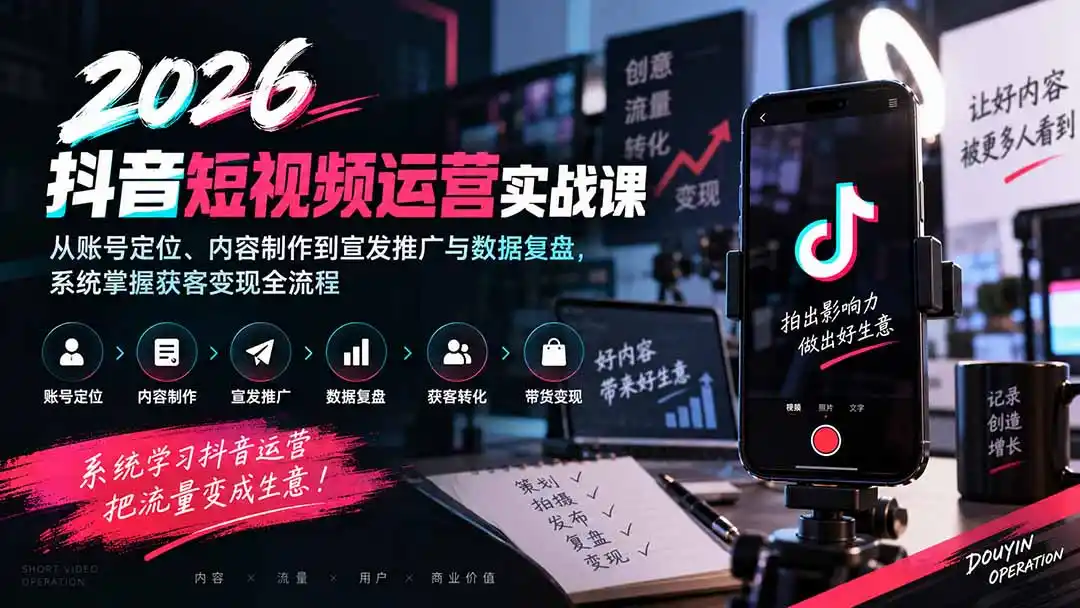 2026抖音短视频运营实战课:从账号定位、内容制作到宣发推广与数据复盘,系统掌握获客变现全流程-来缘阁