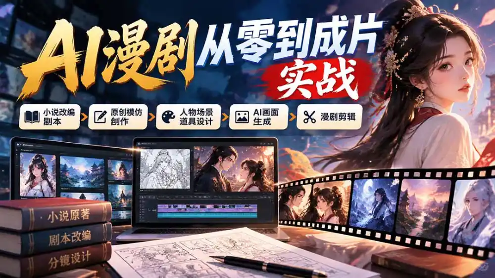 AI漫剧从零到成片实战：小说改编剧本、原创模仿创作、人物场景道具设计、AI画面生成与漫剧剪辑-来缘阁