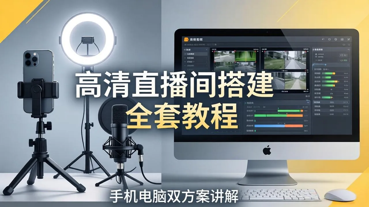 高清直播间搭建全套教程，手机电脑双方案讲解，设备选型调试多机位实操教学-来缘阁