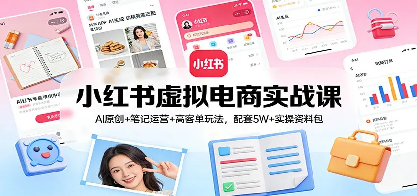 小红书虚拟电商实战课：AI原创+笔记运营+高客单玩法，配套5W+实操资料包-来缘阁
