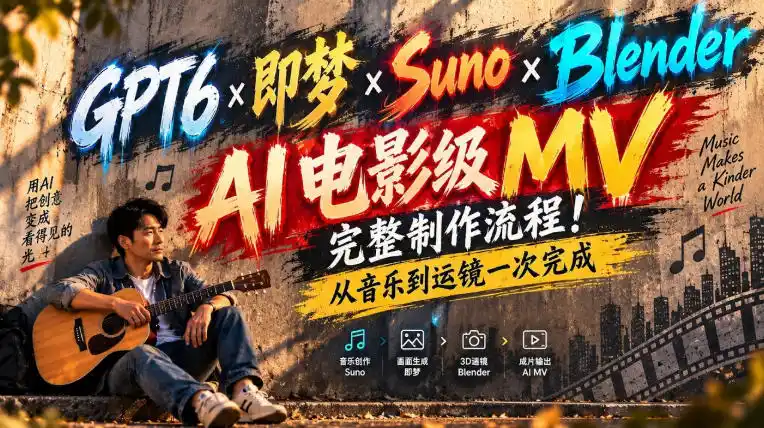 GPT6×即梦×Suno×Blender｜AI电影级MV完整制作流程！从音乐到运镜一次完成！-来缘阁
