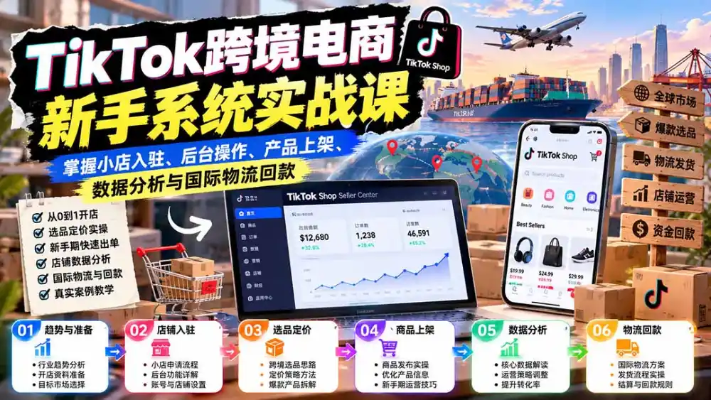 TikTok跨境电商新手系统实战课：掌握小店入驻、后台操作、产品上架、数据分析与国际物流回款-来缘阁