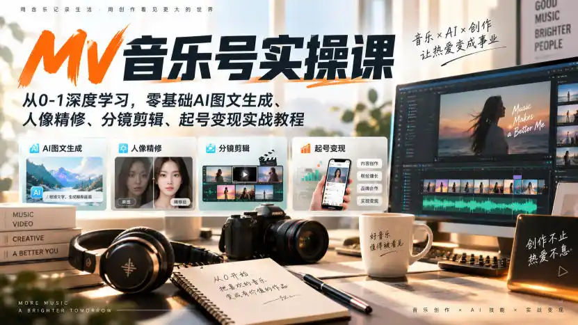 AI MV音乐号实操课，从0-1深度学习，零基础AI图文生成、人像精修、分镜剪辑、起号变现实战教程-来缘阁