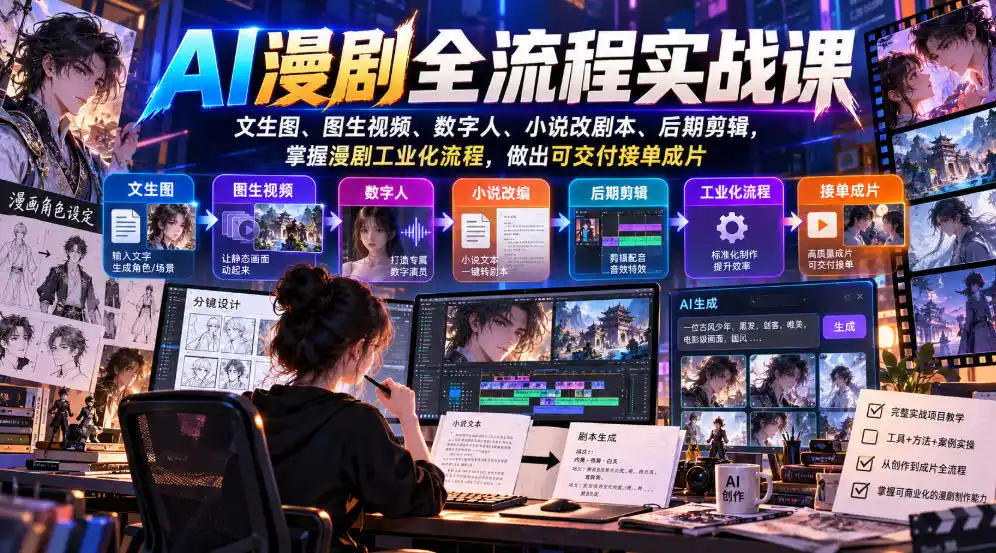 AI漫剧全流程实战课，文生图、图生视频、数字人、小说改剧本、后期剪辑，掌握漫剧工业化流程，做出可交付接单成片-来缘阁