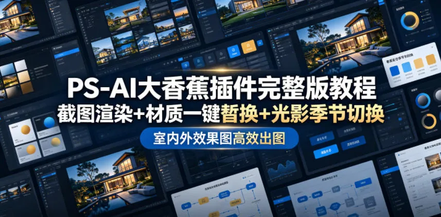 PS-AI大香蕉插件完整版教程，截图渲染+材质一键替换+光影季节切换，室内外效果图高效出图高阶课程-来缘阁