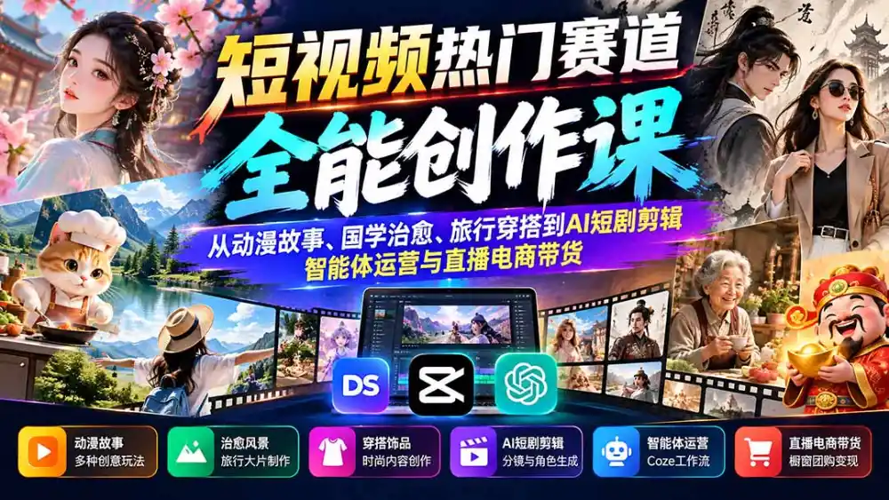 短视频热门赛道全能创作课:从动漫故事、国学治愈、旅行穿搭到AI短剧剪辑、智能体运营与直播电商带货-来缘阁