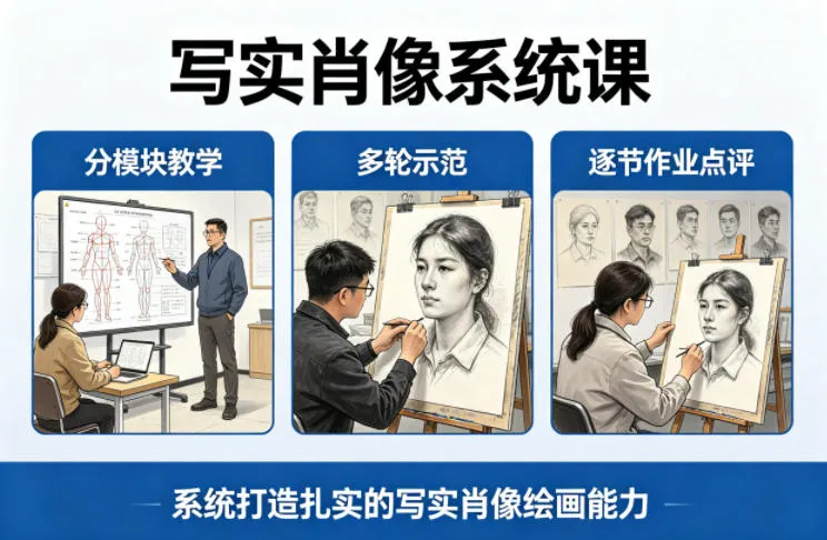 写实肖像系统课，全程分模块教学+多轮示范+逐节作业点评，系统打造扎实的写实肖像绘画能力-来缘阁