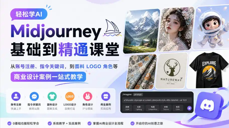 轻松学AI Midjourney基础到精通课堂，从账号注册、指令关键词，到面料LOGO角色等商业设计案例一站式教学-来缘阁