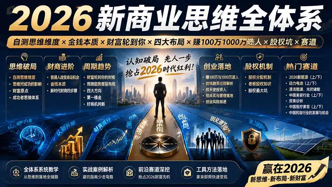 2026新商业思维全体系:自测思维维度×金钱本质×财富轮到你×四大布局×赚100万1000万选人×股权坑×赛道-来缘阁
