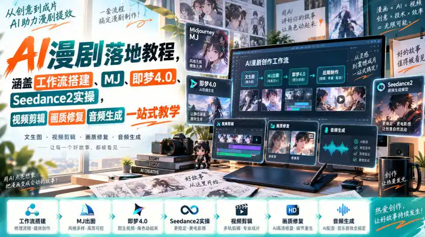 AI漫剧落地教程，涵盖工作流搭建、MJ、即梦4.0、Seedance2实操，视频剪辑画质修复音频生成一站式教学-来缘阁