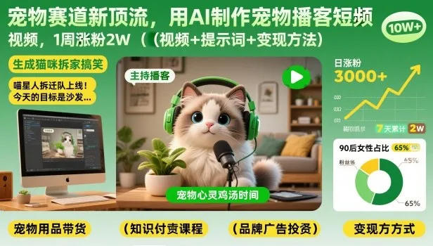 宠物赛道新顶流，用AI制作宠物播客短视频，1周涨粉2W(视频+提示词+变现方法)-来缘阁