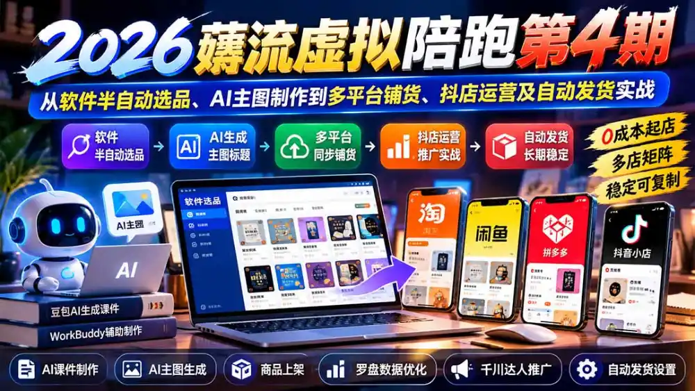 2026薅流虚拟陪跑第4期:从软件半自动选品、AI主图制作到多平台铺货、抖店运营及自动发货实战-来缘阁