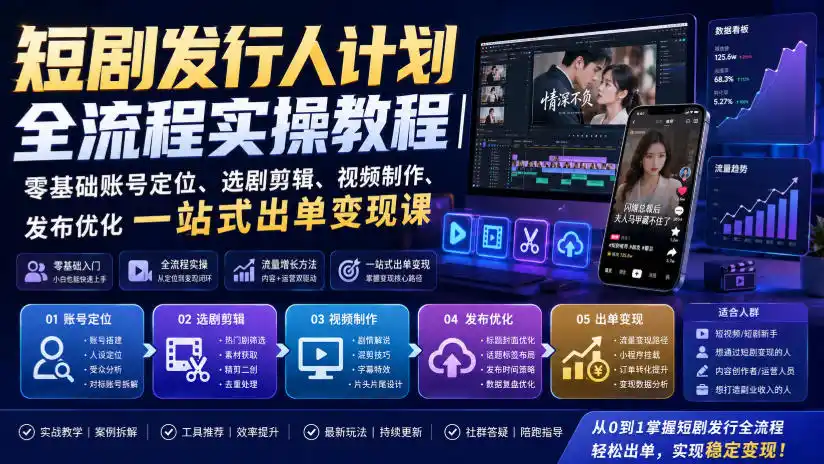短剧发行人计划全流程实操教程|零基础账号定位、选剧剪辑、视频制作、发布优化一站式出单变现课-来缘阁