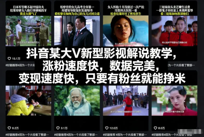 抖音某大V新型影视解说教学，涨粉速度快，数据完美，变现速度快，只要有粉丝就能挣米-来缘阁