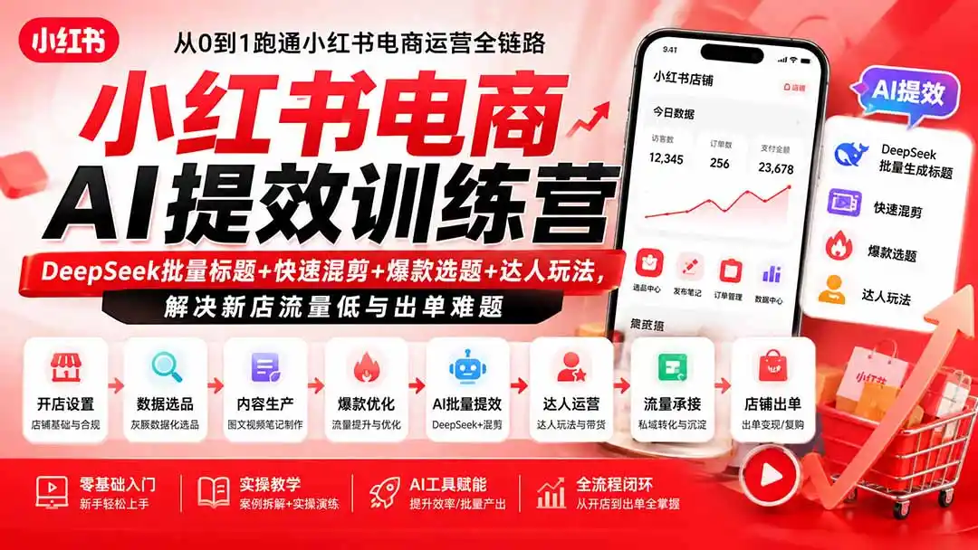 小红书电商AI提效训练营—DeepSeek批量标题+快速混剪+爆款选题+达人玩法,解决新店流量低与出单难题-来缘阁