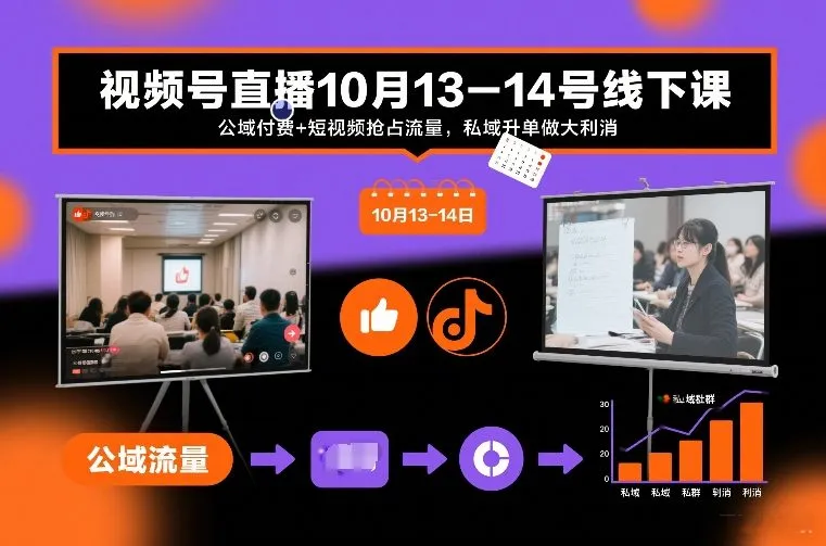 视频号直播10月13-14号线下课，公域付费+短视频抢占流量，私域升单做大利消-来缘阁