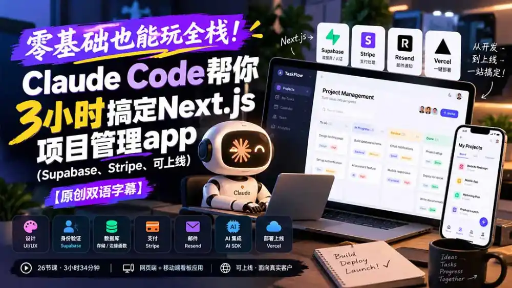 零基础也能玩全栈！Claude Code帮你3小时搞定Next.js项目管理app(Supabase、Stripe、可上线-来缘阁