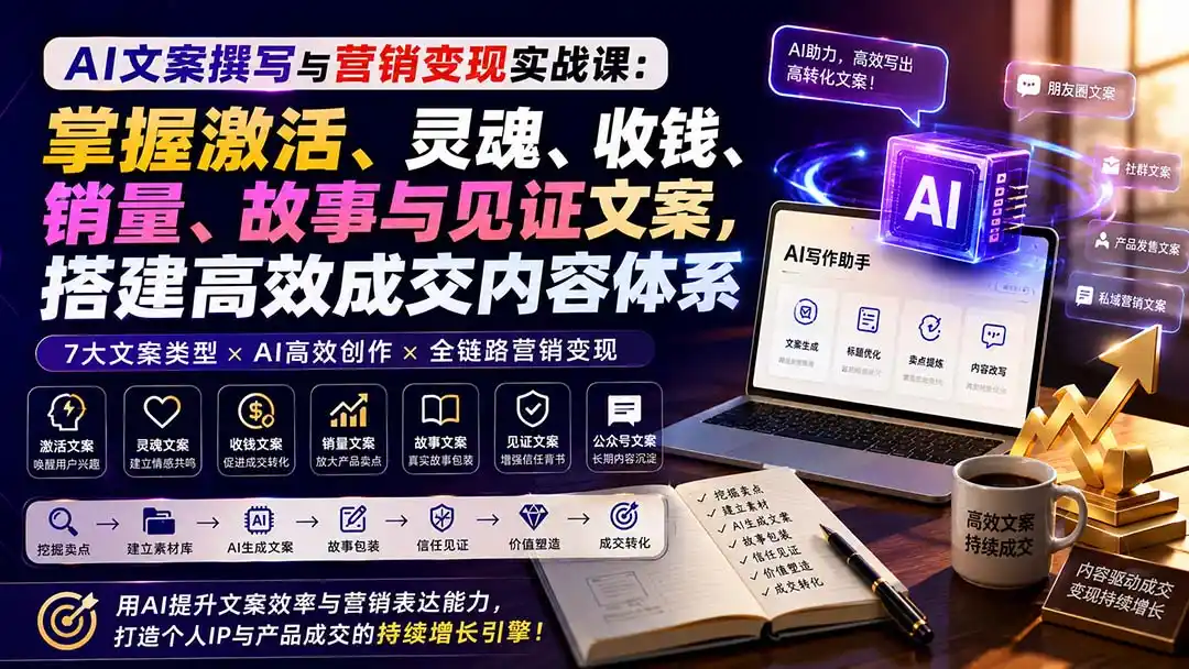 AI文案撰写与营销变现实战课:掌握激活、灵魂、收钱、销量、故事与见证文案,搭建高效成交内容体系-来缘阁