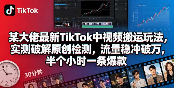 某大佬最新TikTok中视频搬运玩法，实测破解原创检测，流量稳冲破万，半个小时一条爆款-来缘阁