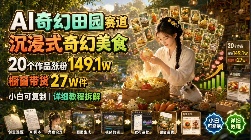 AI奇幻田园赛道,沉浸式奇幻美食,20个作品涨粉149.1W,橱窗带货27W件,小白可复制,详细教程拆解-来缘阁