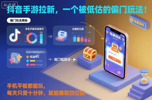 抖音手游拉新，一个被低估的偏门玩法！手机平板都能玩，每天只需十分钟，就能賺取四位数【揭秘】-来缘阁