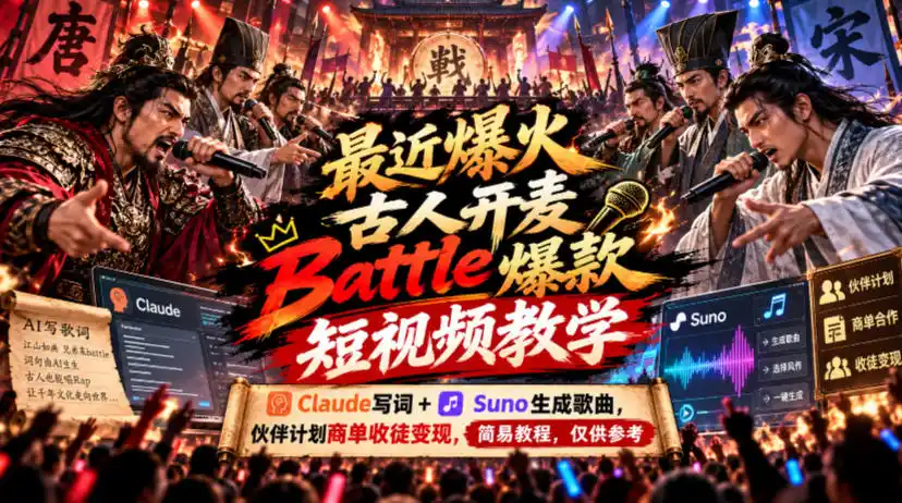 最近爆火古人开麦Battle爆款短视频教学,Claude写词+Suno生成歌曲,伙伴计划商单收徒变现,简易教程,仅供参考-来缘阁