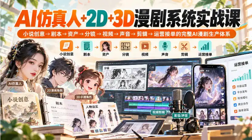 【无水印】AI仿真人+2D+3D漫剧系统实战课,小说创意→剧本→资产→分镜→视频→声音→剪辑→运营接单的完整AI漫剧生产体系-来缘阁