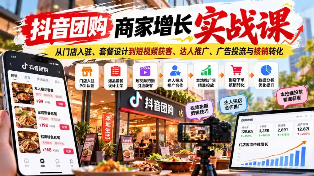 抖音团购商家增长实战课:从门店入驻、套餐设计到短视频获客、达人推广、广告投流与核销转化-来缘阁