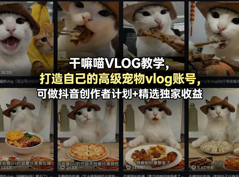 干嘛喵VLOG教学，打造自己的高级宠物vlog账号，可做抖音创作者计划+精选独家收益-来缘阁