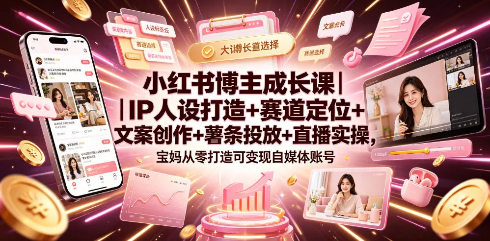 小红书博主成长课｜IP人设打造+赛道定位+文案创作+薯条投放+直播实操，宝妈从零打造可变现自媒体账号-来缘阁