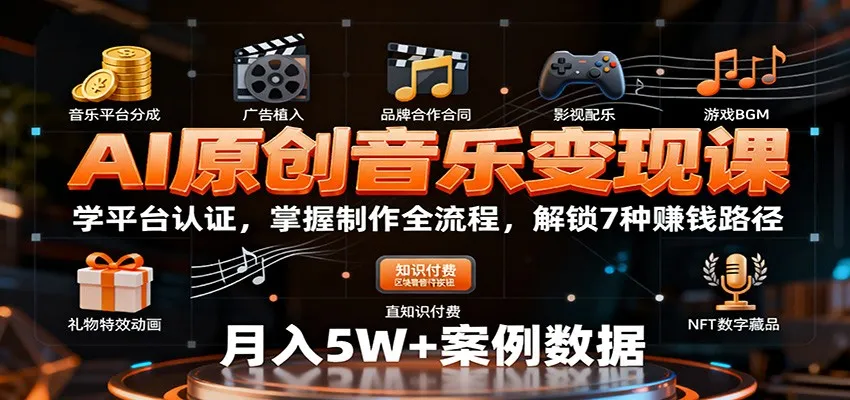 AI原创音乐变现课：学平台认证，掌握制作全流程，解锁7种赚钱路径-来缘阁