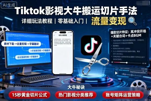 Tiktok影视大牛搬运切片手法，详细玩法教程-来缘阁