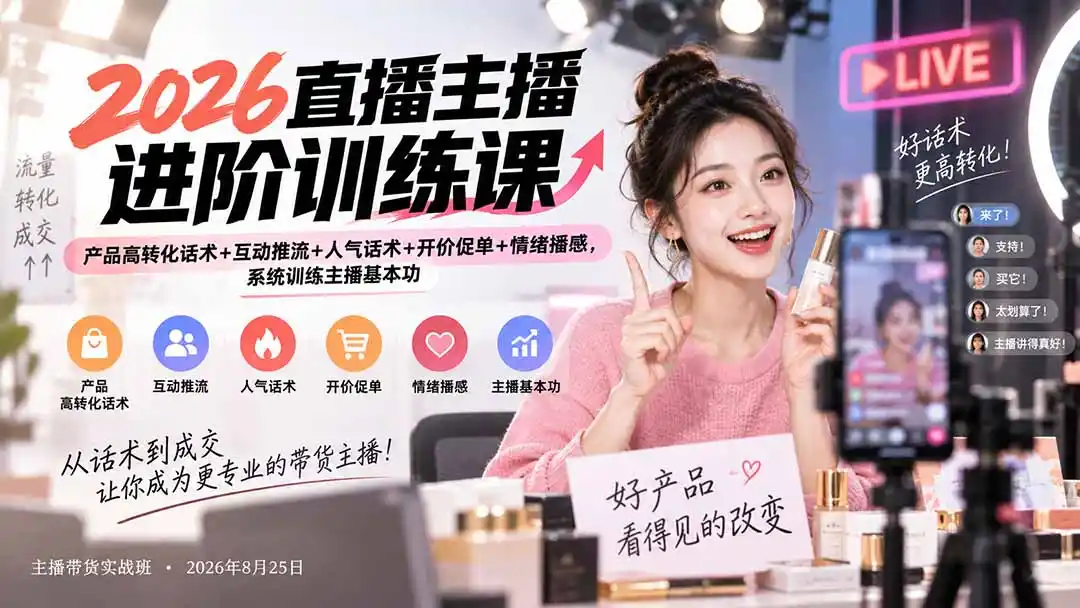 2026直播主播进阶训练课:产品高转化话术+互动推流+人气话术+开价促单+情绪播感,系统训练主播基本功-来缘阁